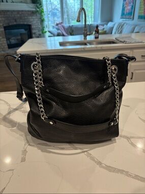 MICHAEL Michael Kors Black Leather Shoulder Bag with Silver Chain Handles